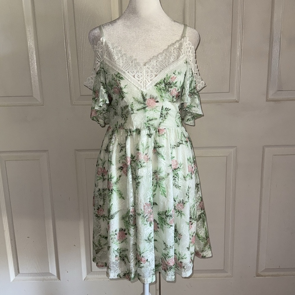 Disney Princess Floral Lace Overlay Cold Shoulder Fit And Flare Dress - Picture 3 of 8